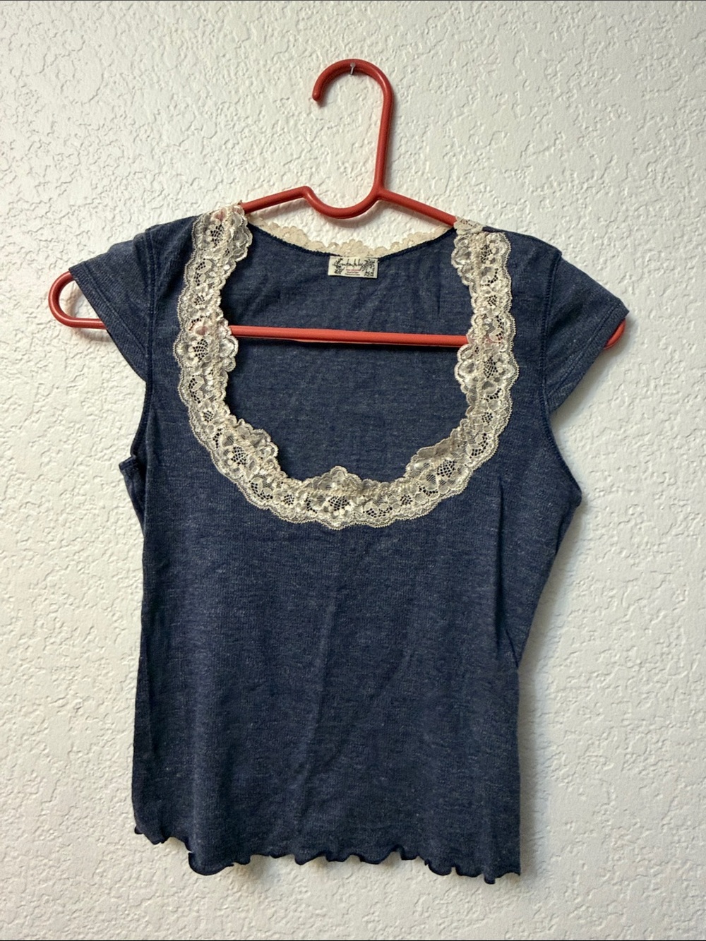Free People Navy Scoop Neck Tee with Cream Lace Trim - Picture 1 of 3